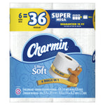 Front view of Charmin Ultra Soft packaging showing '36 regular' equivalence and Super Mega branding on blue wrap