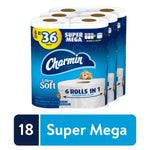 Packaged Charmin Ultra Soft Super Mega rolls with blue branding and a label reading “6 rolls in 1” and “Super Mega.”