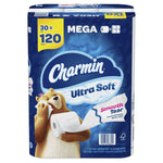 Tall front view of Charmin Ultra Soft toilet paper pack with bear mascot and 'Smooth Tear' label on deep blue packaging.