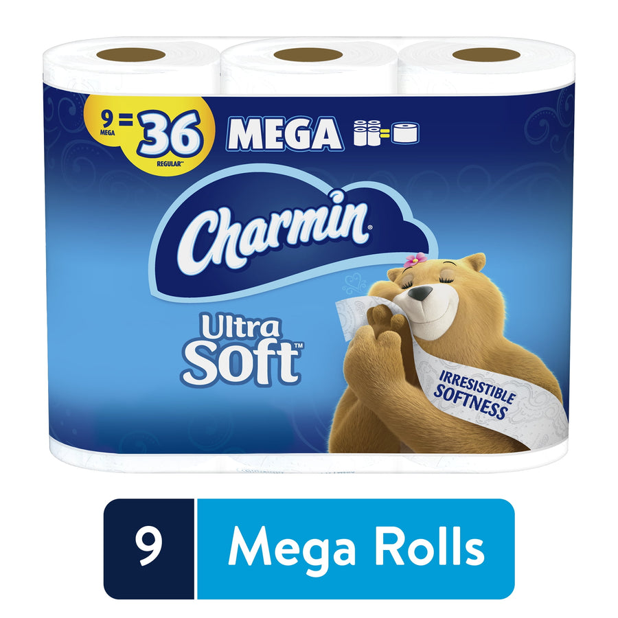 Packaged Charmin Ultra Soft toilet paper showing three mega rolls and Charmin bear on blue background