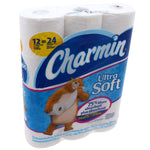 Three-pack view of Charmin Ultra Soft toilet paper showing blue label, bear mascot and white rolls