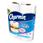 Three-quarter view of Charmin Ultra Soft packaged toilet paper with visible logo and blue branded wrap