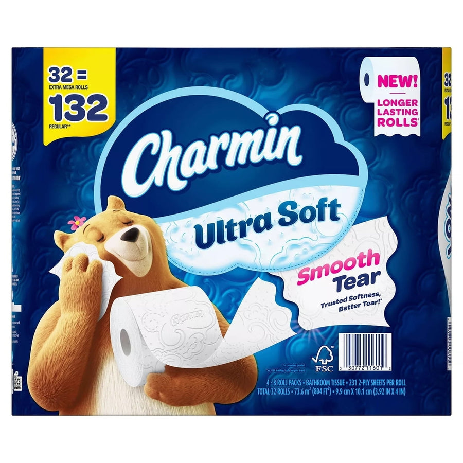 Charmin Ultra Soft toilet paper package showing the smiling bear mascot holding a sheet and 'Smooth Tear' callout