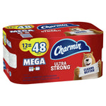 Oblique view of a Charmin Ultra Strong 12-mega pack with red packaging, brand logo and bear mascot holding a 'Cleans Better' sign