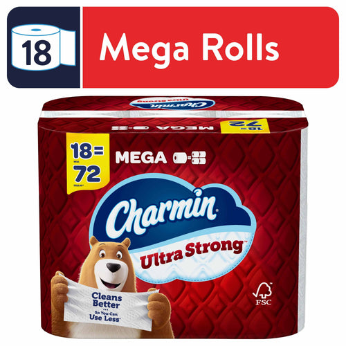 Charmin Ultra Strong red mega-roll pack with bear mascot holding a 'Cleans Better' sign and '18 Mega Rolls' banner