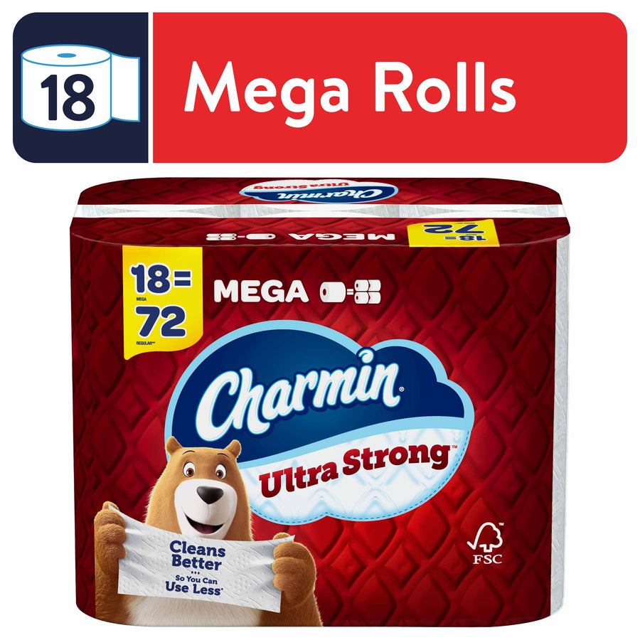 Charmin Ultra Strong red mega-roll pack with bear mascot holding a 'Cleans Better' sign and '18 Mega Rolls' banner