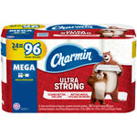 Packaged Charmin Ultra Strong toilet paper 24 mega rolls pack with red branding and Charmin bear artwork