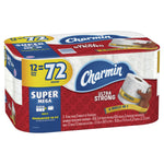 Three-quarter view of Charmin Ultra Strong Super Mega retail pack showing logo, 12=72 messaging and artwork