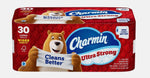 Angled front Charmin Ultra Strong 30-roll pack featuring bear mascot and prominent Charmin logo on red wrap.