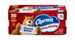 Front-facing Charmin Ultra Strong 30-roll pack with bear mascot holding a 'Cleans Better' sheet.