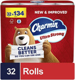 Red Charmin Ultra Strong package showing bear mascot holding a sheet reading “CLEANS BETTER” and a 32 rolls banner.