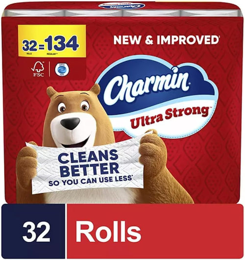 Red Charmin Ultra Strong package showing bear mascot holding a sheet reading “CLEANS BETTER” and a 32 rolls banner.