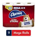 Packaged Charmin Ultra Strong toilet paper with bear mascot and '36 mega' callout on red packaging