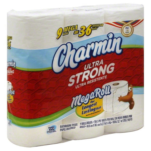Pack of Charmin Ultra Strong MegaRoll toilet paper in red packaging labeled 9 mega rolls = 36 regular rolls.