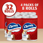 Four bundled Charmin Ultra Strong 8-roll packs arranged with a 32 rolls callout on a red background.