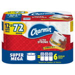 Front-facing Charmin Ultra Strong Super Mega 12-pack with branding and icon showing 6 regular rolls equivalence