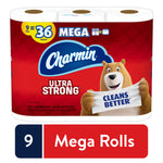 Front-facing Charmin Ultra Strong package with bear mascot and 'Cleans Better' banner on red Mega pack