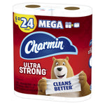 Angled front view of Charmin Ultra Strong mega roll pack showing brand logo, bear mascot and 'CLEANS BETTER' text