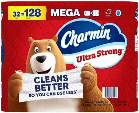 Charmin Ultra Strong mega pack with bear mascot holding a sheet that reads "CLEANS BETTER" on a red background.