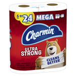 Charmin Ultra Strong mega roll package close-up with prominent logo, bear mascot and 'ULTRA STRONG' label on red wrap