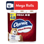 Front-facing pack of Charmin Ultra Strong toilet paper mega rolls with bear mascot and red quilted background