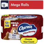 Packaged Charmin Ultra Strong mega roll pack with bear mascot and 'Choose Your Count' badge on white background