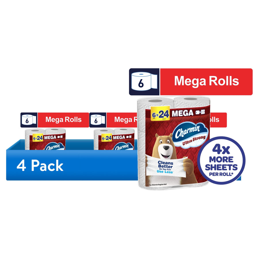 Charmin Ultra Strong mega roll pack and retail shelf display graphic with 4x more sheets callout.