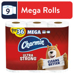 Packaged Charmin Ultra Strong toilet paper with red label, bear mascot and 'Cleans Better' banner