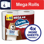 Charmin Ultra Strong two-roll pack labeled Mega Rolls with bear mascot and '4x more sheets per roll' badge