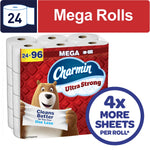 Packaged Charmin Ultra Strong mega roll pack with bear mascot and 'Mega Rolls' graphic and 4x sheets callout