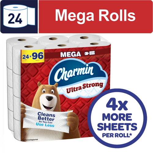 Packaged Charmin Ultra Strong mega roll pack with bear mascot and 'Mega Rolls' graphic and 4x sheets callout