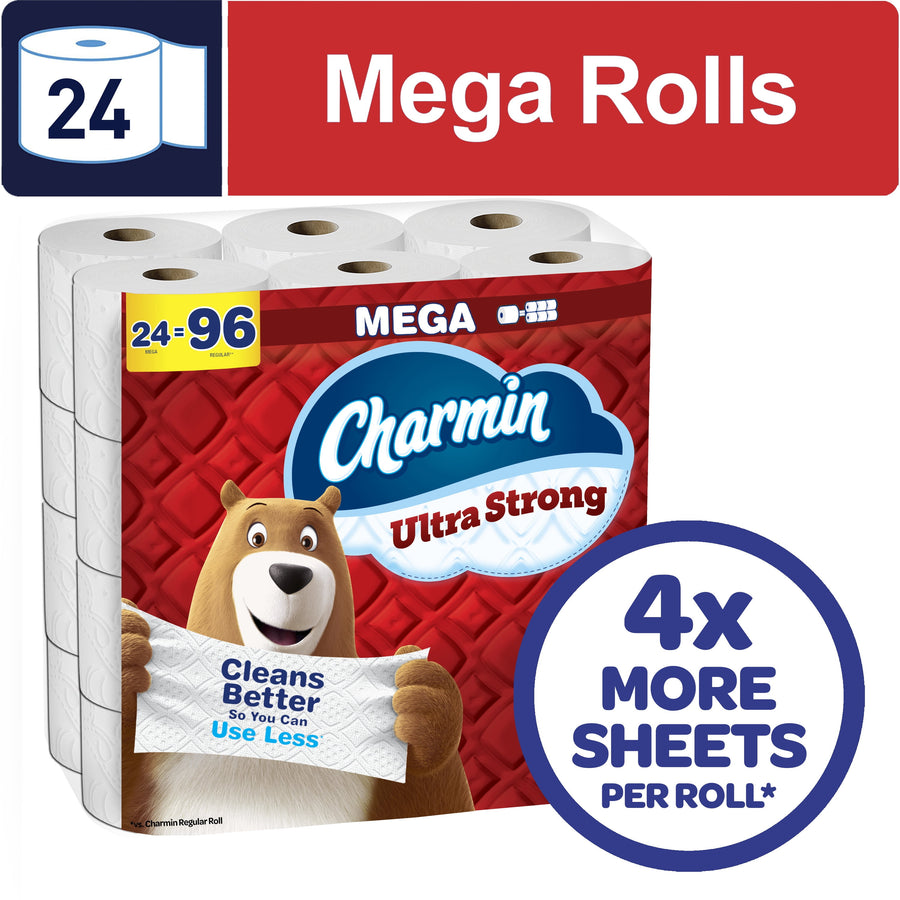 Packaged Charmin Ultra Strong mega roll pack with bear mascot and 'Mega Rolls' graphic and 4x sheets callout