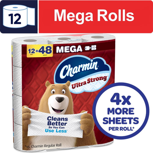 Packaged Charmin Ultra Strong toilet paper with bear mascot and 'Mega Rolls' graphic on red quilted packaging