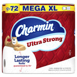 Close-up of Charmin Ultra Strong Mega XL package showing brand logo, red textured background and 'Longer Lasting Rolls'