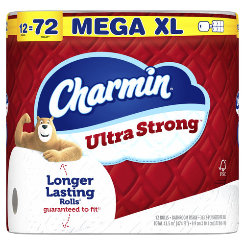 Close-up of Charmin Ultra Strong Mega XL package showing brand logo, red textured background and 'Longer Lasting Rolls'