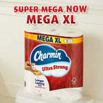 Charmin Ultra Strong Mega XL pack sitting on a bathroom surface with text announcing Mega XL