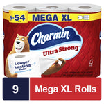 Packaged Charmin Ultra Strong Mega XL rolls with red packaging, brand logo and bear holding a sheet
