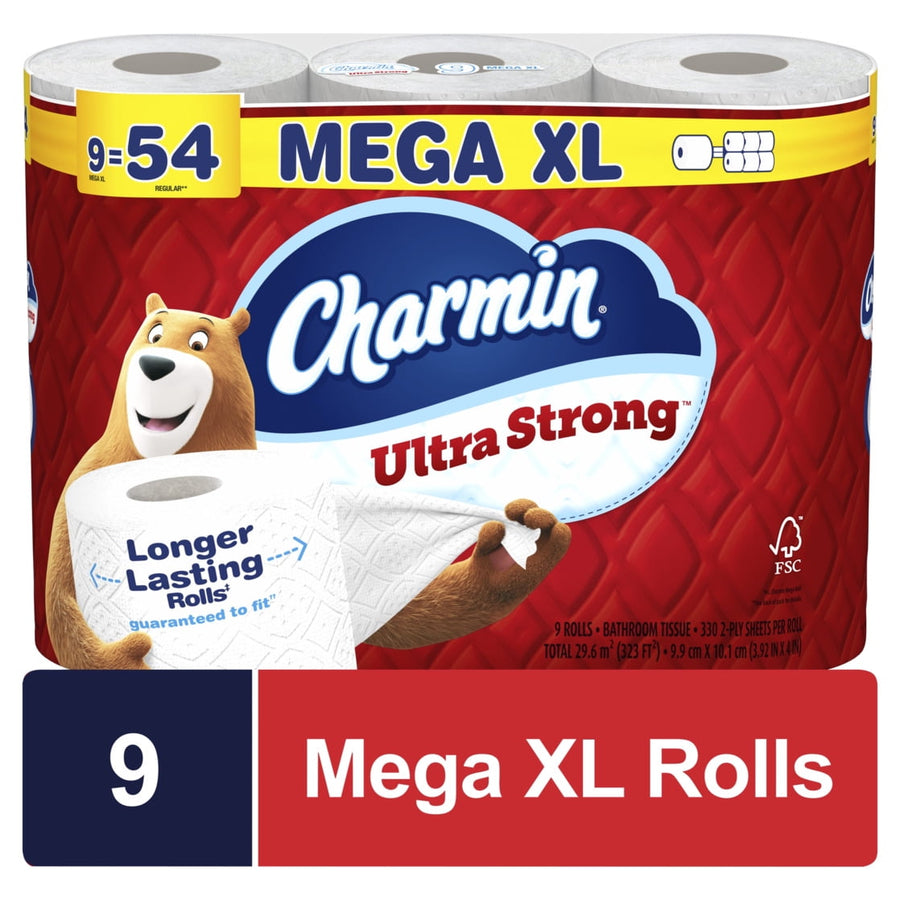 Packaged Charmin Ultra Strong Mega XL rolls with red packaging, brand logo and bear holding a sheet