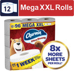 Packaged Charmin Ultra Strong Mega XXL rolls with brand logo and 8x more sheets badge