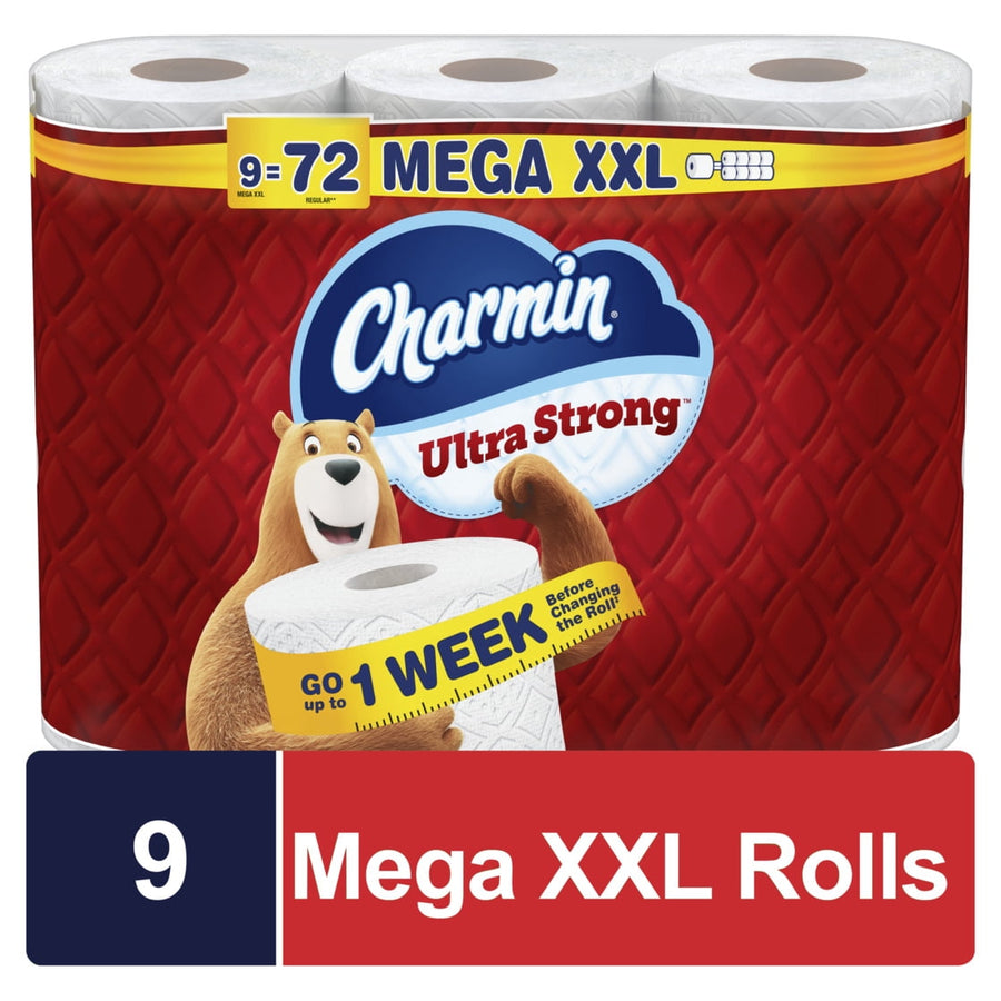 Packaged Charmin Ultra Strong toilet paper with red quilted design and bear mascot on front of multi-roll pack