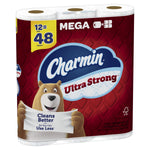Angled front view of Charmin Ultra Strong packaging showing bear mascot, logo and red patterned wrapper