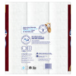Back of Charmin Ultra Strong packaging showing product information panels, icons, and barcode on white embossed paper background