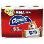 Charmin Ultra Strong packaged rolls with red label, Charmin logo and bear mascot holding 'Cleans Better' sign