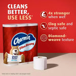 Charmin Ultra Strong pack and single roll on a red backdrop with text highlighting strength, clog safety and diamond-weave texture.