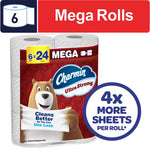 Close-up of Charmin Ultra Strong package showing two mega rolls, brand logo and '4x more sheets' badge.