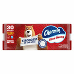 Charmin Ultra Strong red package front with bear mascot holding a sheet labeled 'Strongest in the aisle'.
