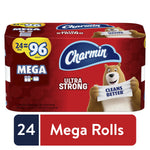 Charmin Ultra Strong red pack showing bear mascot and '24 = 96 Mega' label