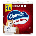 Red-packaged Charmin Ultra Strong toilet paper pack showing bear mascot and 'Mega' label with visible rolls at top.