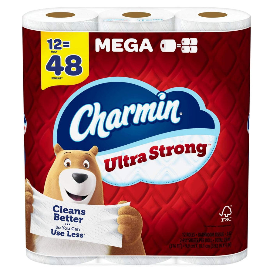 Red-packaged Charmin Ultra Strong toilet paper pack showing bear mascot and 'Mega' label with visible rolls at top.