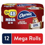 Packaged Charmin Ultra Strong toilet paper in red mega-roll pack showing bear mascot and '12 = 48' callout